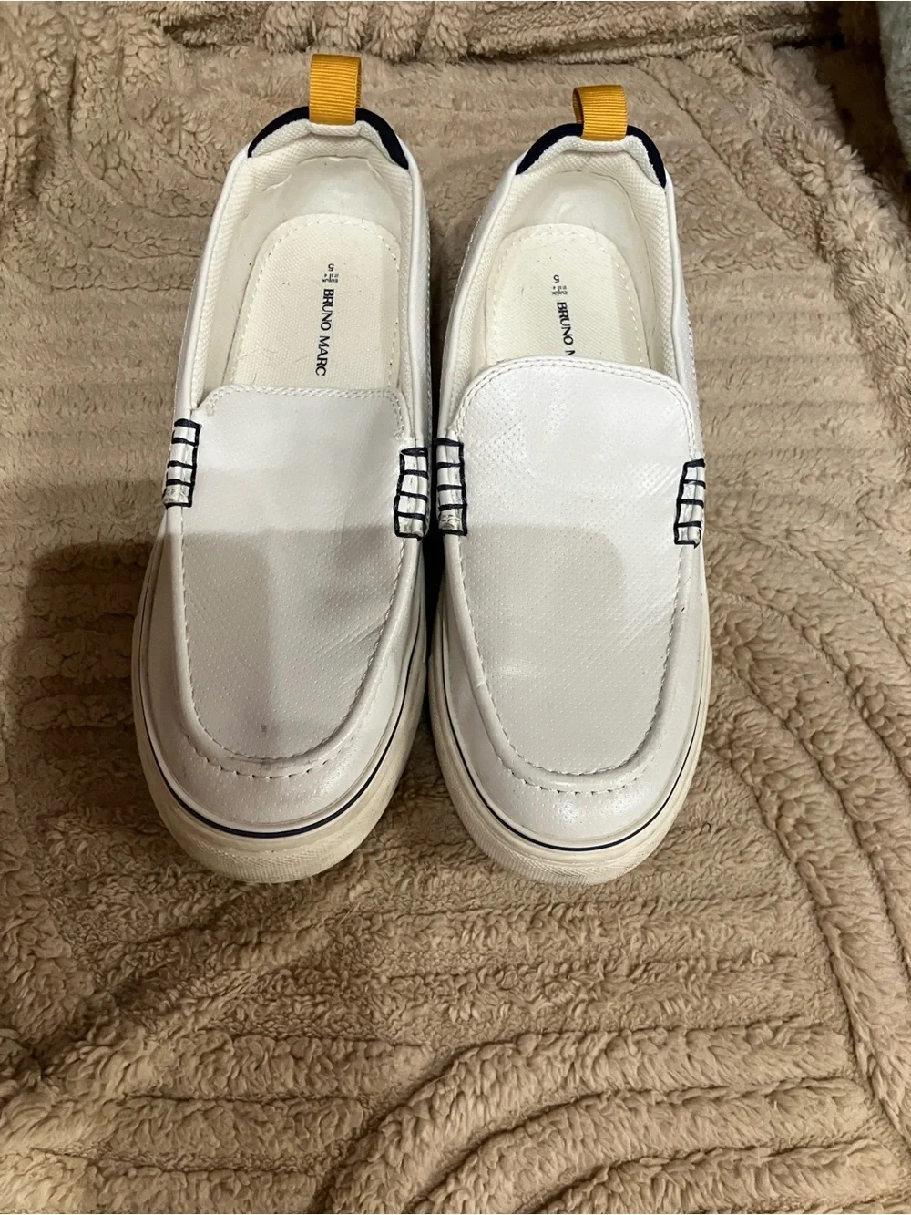 Bruno Magli White Leather Slip-On Loafers with Navy and Yellow Accents